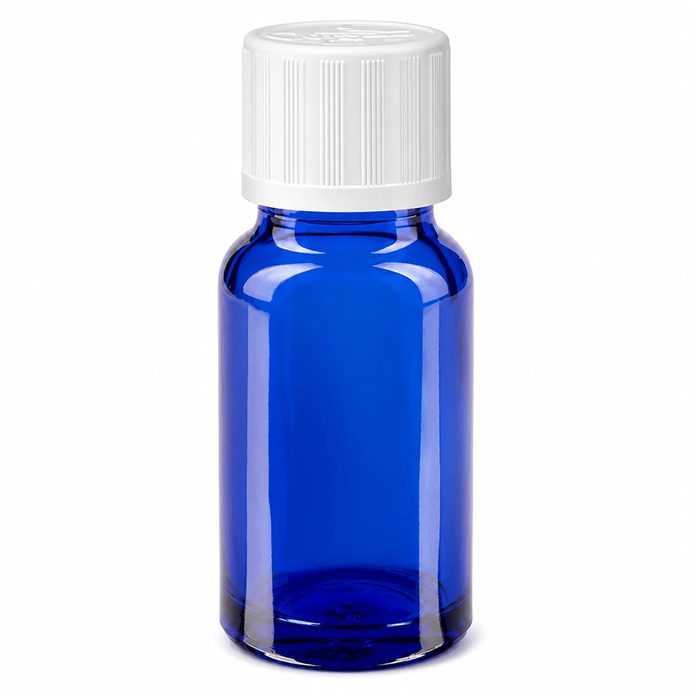 Botella de farmacia azul 10ml tapón de rosca blanco estándar a prueba de niños Frasco de farmacia de cristal azul de 10 ml con tapón de seguridad para niños blanco de 11 mm