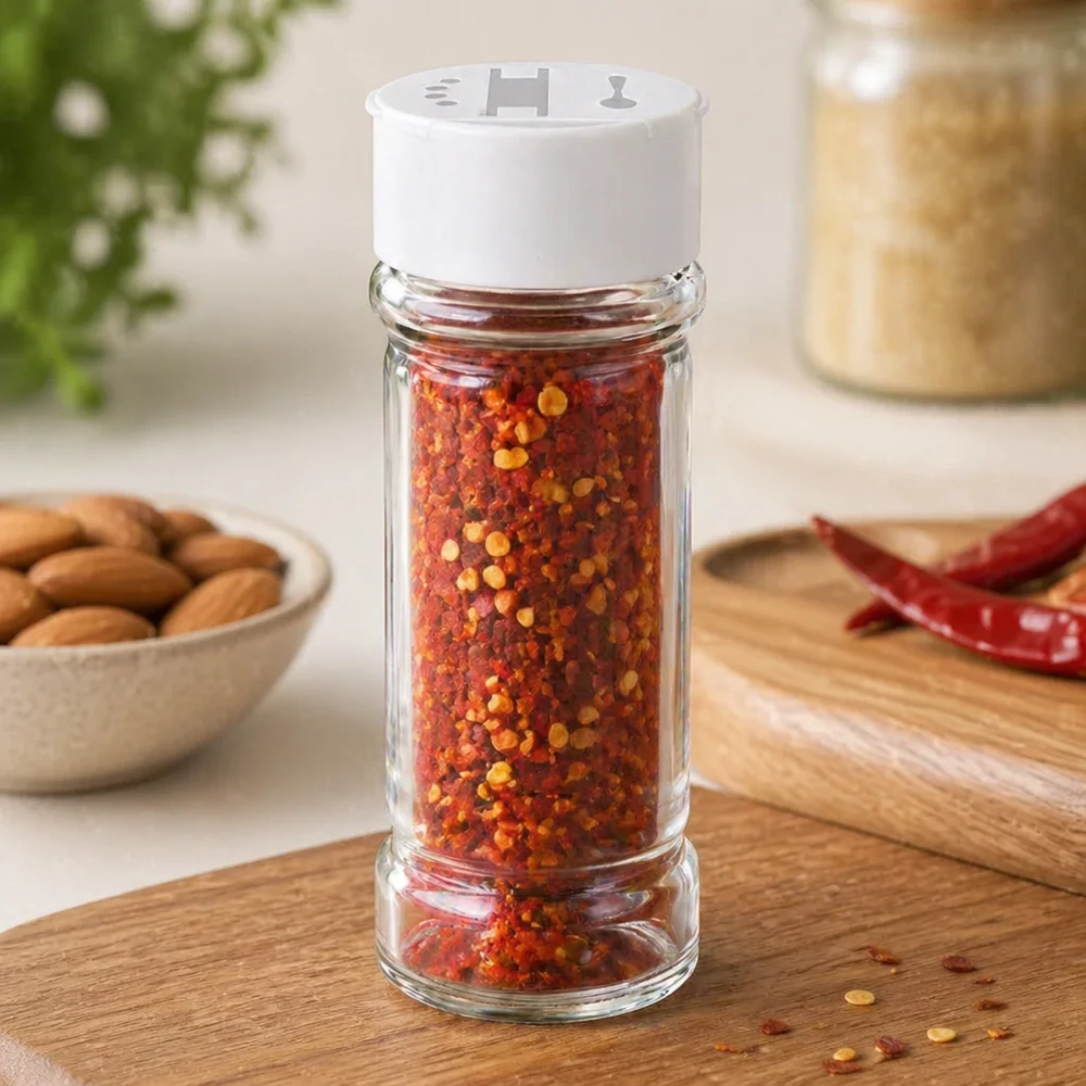 Frasco para sal y especias de 100 ml con dosificador doble, color blanco Salero de 100 ml de cristal transparente, lleno de copos de chile, sobre una tabla de madera con chiles secos