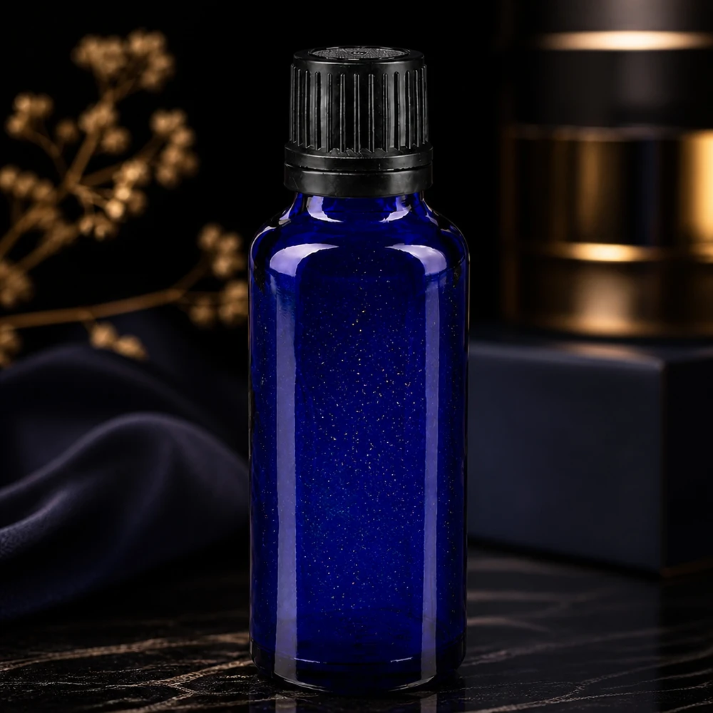Frasco cuentagotas de vidrio farmacéutico de 30 ml, de color azul, con tapón de rosca negro, para aceites esenciales
