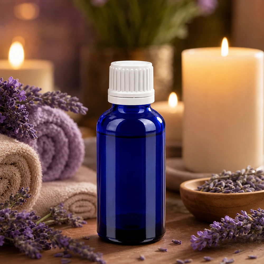 Frasco cuentagotas de 30 ml de vidrio azul con tapón blanco para aromaterapia y bienestar