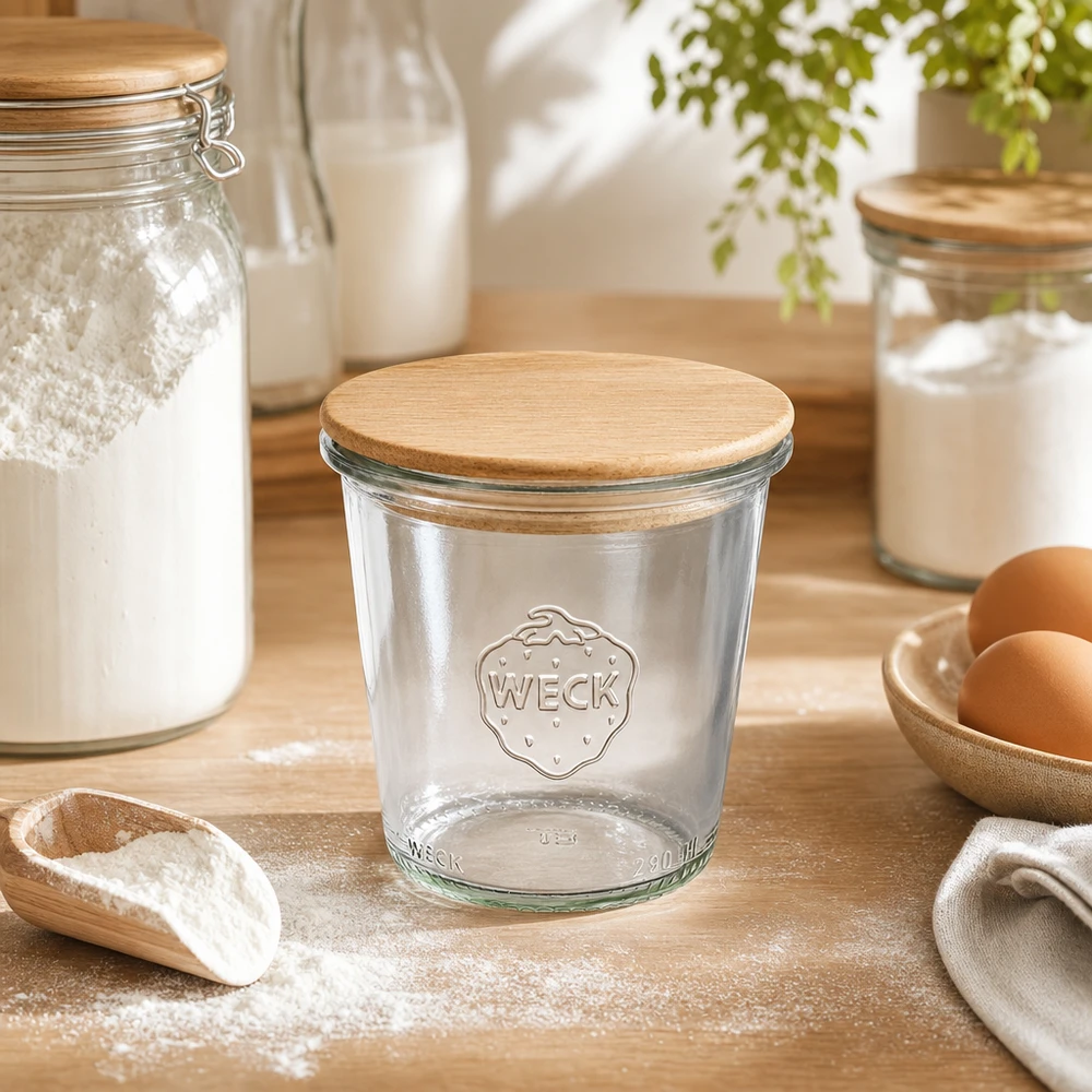 Vaso alto 290ml WECK RR80 con tapa de madera WECK Sturzglas 290ml RR80 mit Holzdeckel in natürlicher Küchenszene mit Mehl Eiern und Backzutaten auf Holzbrett