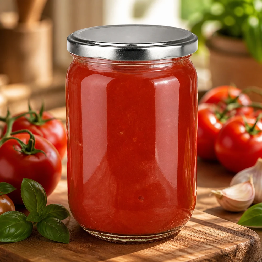 Tarro redondo de cristal UNiTWIST de 555 ml con tapa BasicSeal plateada, lleno de salsa de tomate roja sobre una tabla de madera