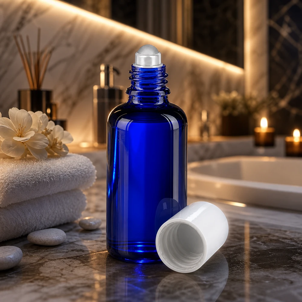 Botella de farmacia azul 50ml tapón roll-on blanco Frasco roll-on de 50 ml en azul cobalto con tapón de plástico blanco y bola de cristal, con un diseño inspirado en un spa
