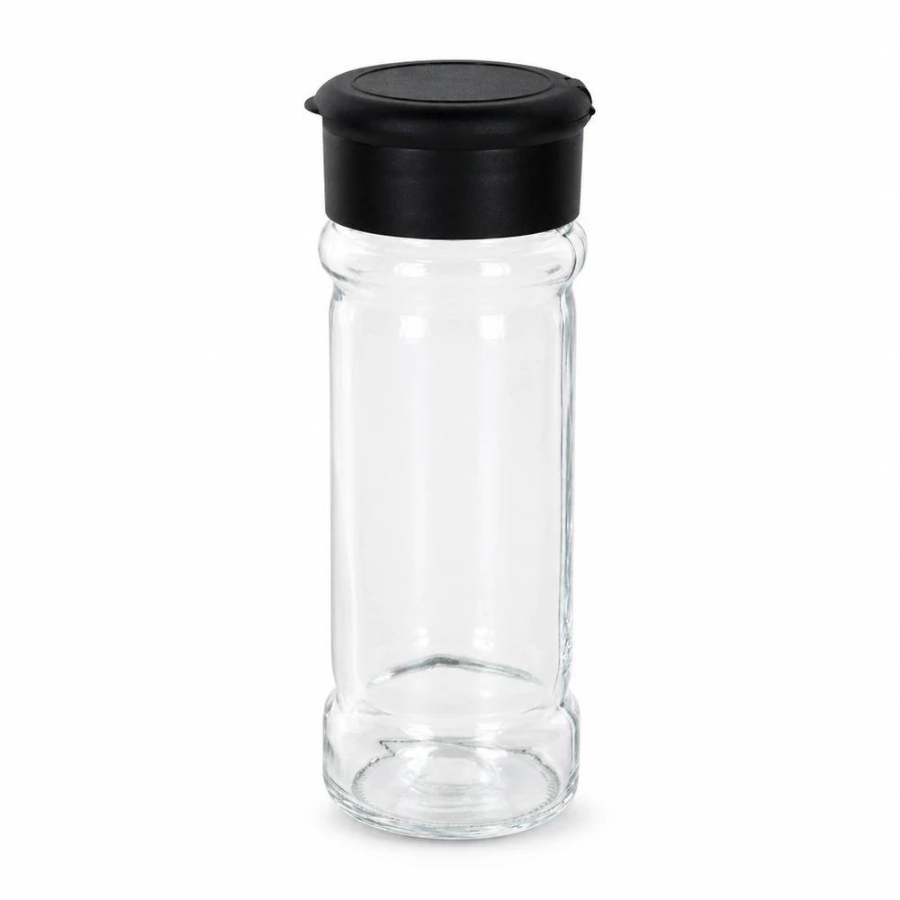 Frasco para sal y especias de 100 ml con dosificador, color negro Frasco para especias vacío de 100 ml, de cristal transparente con dosificador de plástico negro