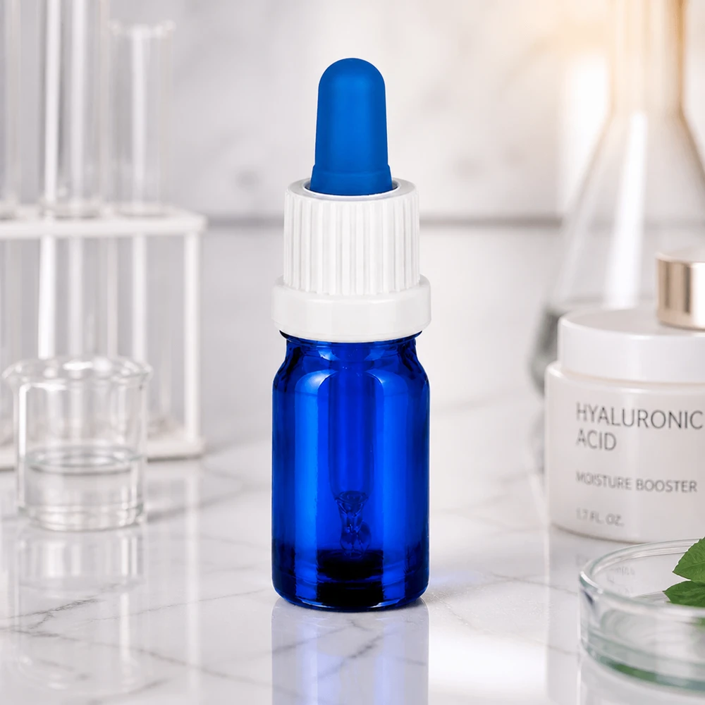 Frasco pipeta 5ml blanco/azul tapón inviolable BlueLine UT18/5 Frasco pipeta profesional BlueLine de 5 ml con tapón blanco UT18 para cosmética y farmacia