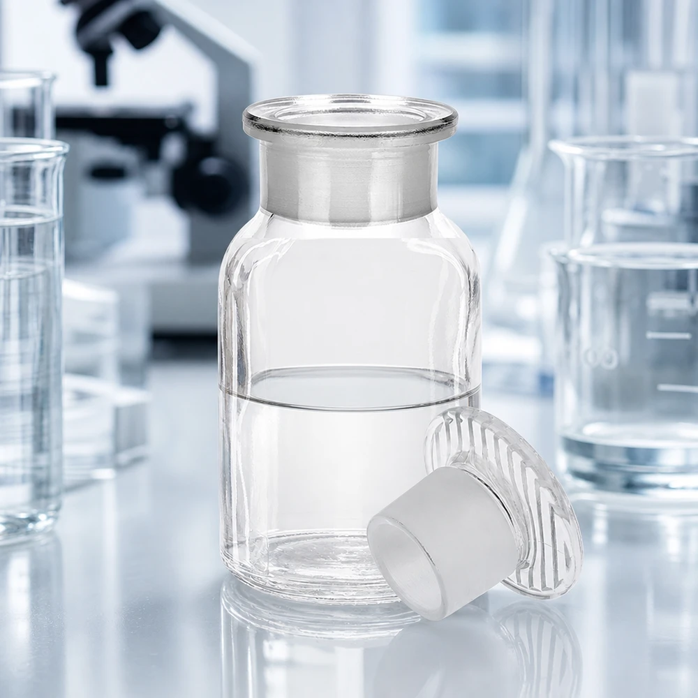 Frasco de hombros redondeados de 100 ml, de cuello ancho y con tapón de cristal, para el almacenamiento seguro de muestras de laboratorio