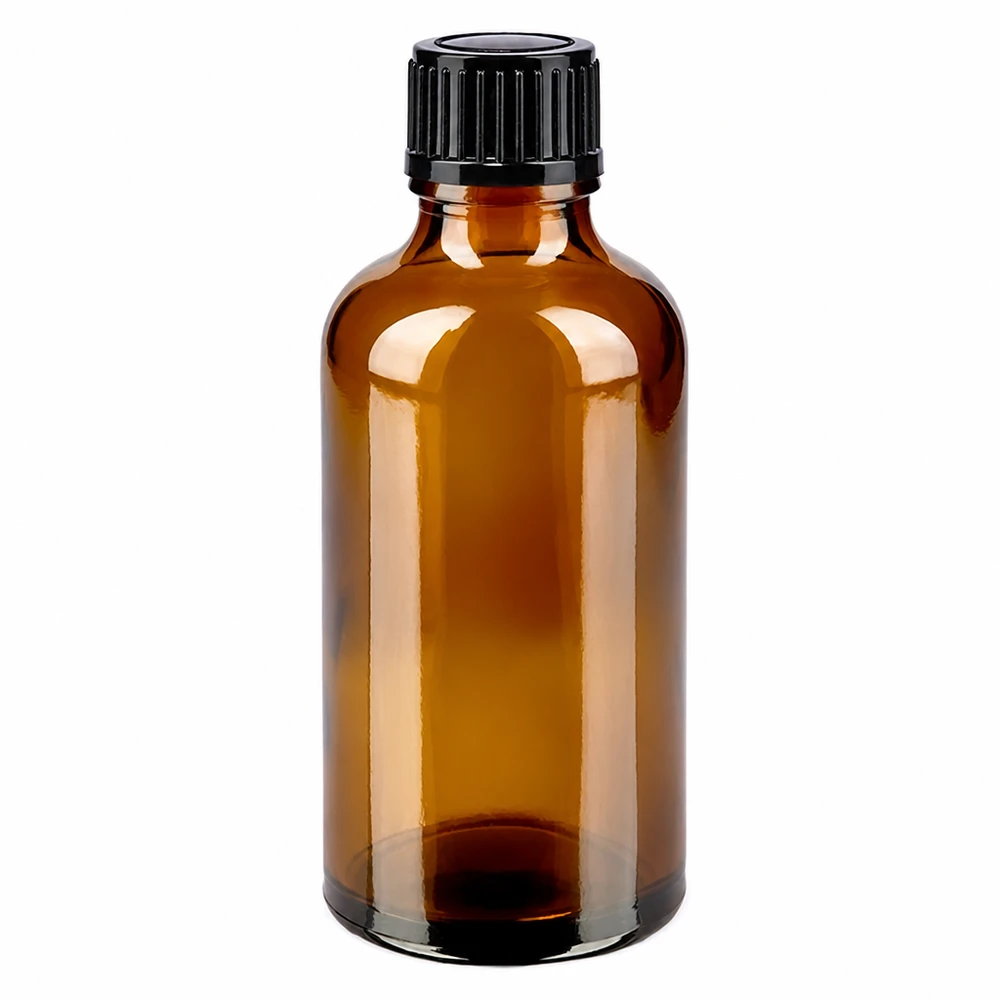 Botella de farmacia marrón 50ml tapón de rosca negro estándar Frasco de farmacia de cristal marrón de 50 ml con tapón de rosca negro estándar de 11 mm