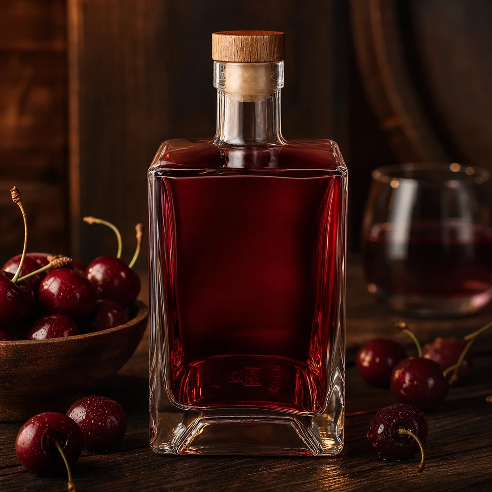 Botella de vidrio de 700 ml Ben llena de licor de cereza roja entre cerezas frescas superficie de madera rústica tapón UNiTWIST
