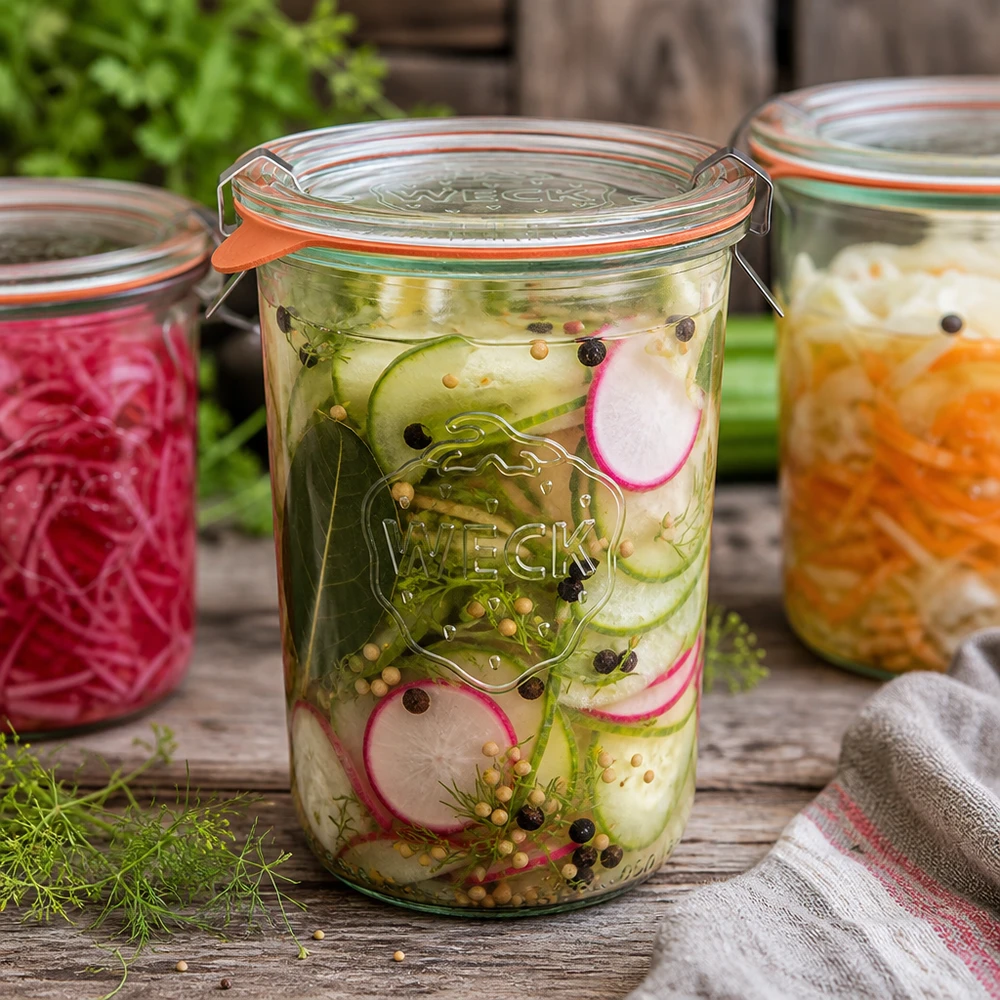 Vaso de 850ml completo WECK RR100 WECK RR100 Sturzglas 850ml mit eingelegtem Gurken-Radieschen-Salat zeigt perfekte Fermentation und Konservierung