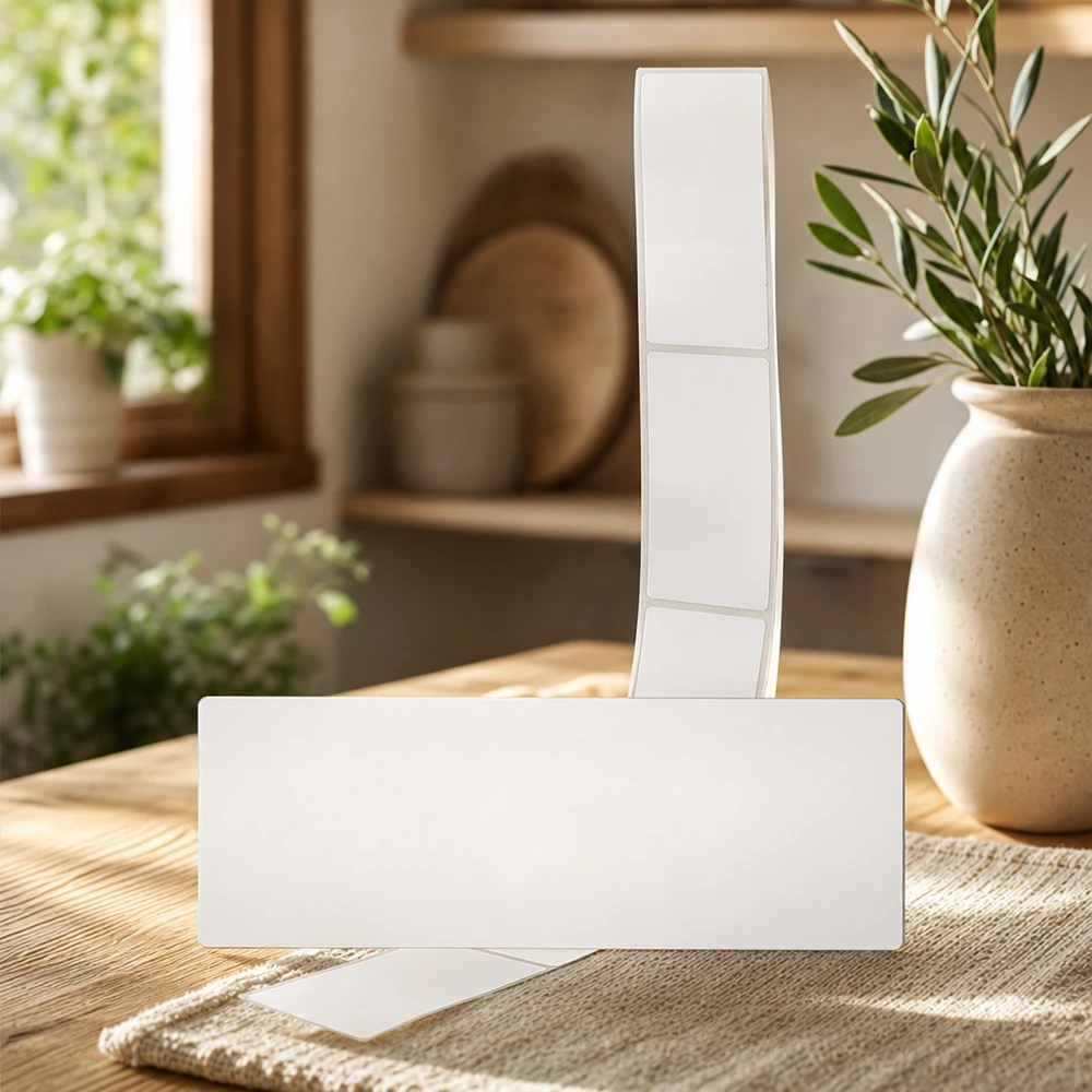 Paquete de 20 etiquetas 54 x 154,5 mm para etiquetar Etiquetas de etiquetado en blanco 54x154,5mm presentadas en un entorno natural con plantas y cálida luz diurna