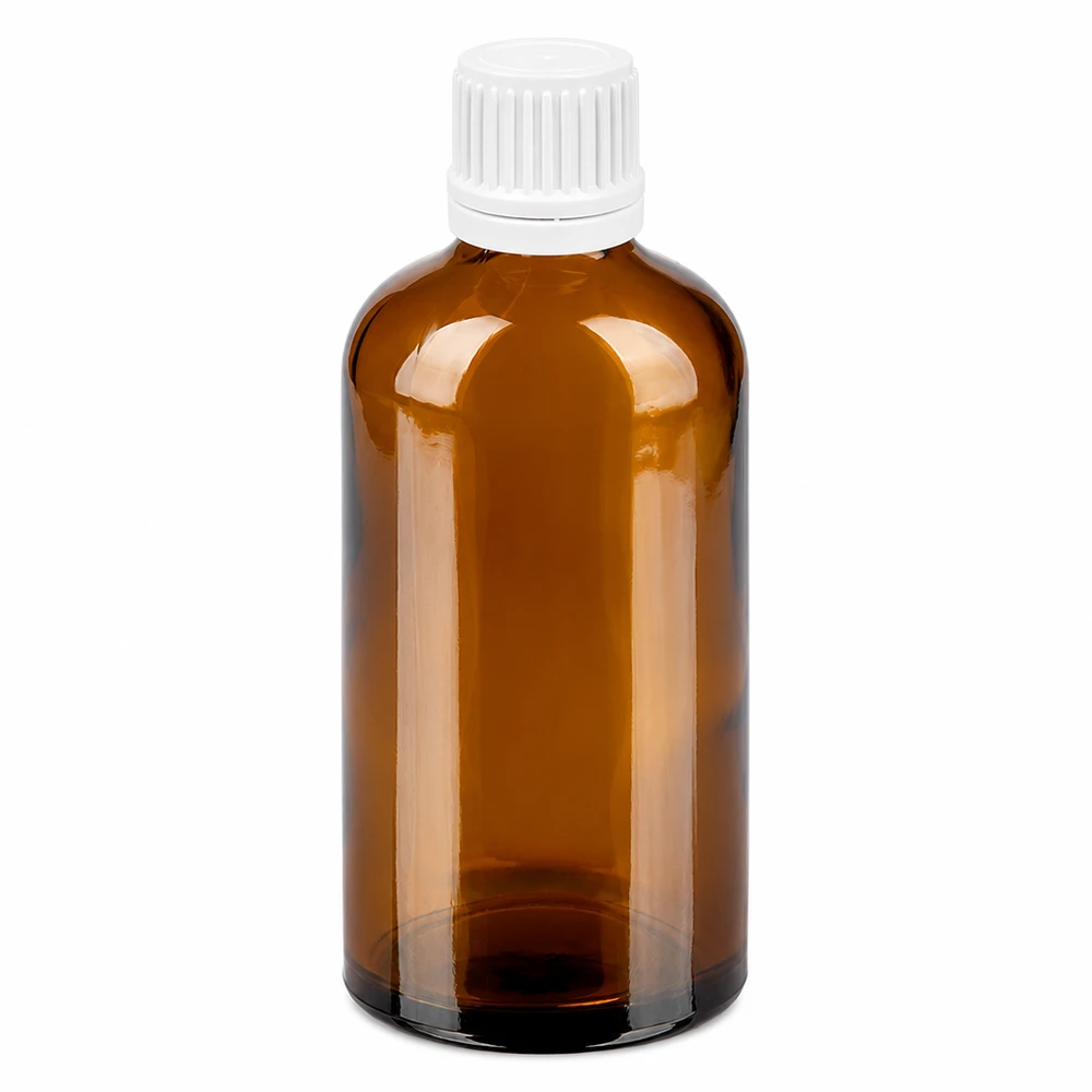 Botella 100ml tapón rosca 11mm blanco cierre inviolable BrownLine UT18/100 Frasco de vidrio ámbar de 100 ml con tapón de rosca blanco para medicamentos y cosméticos