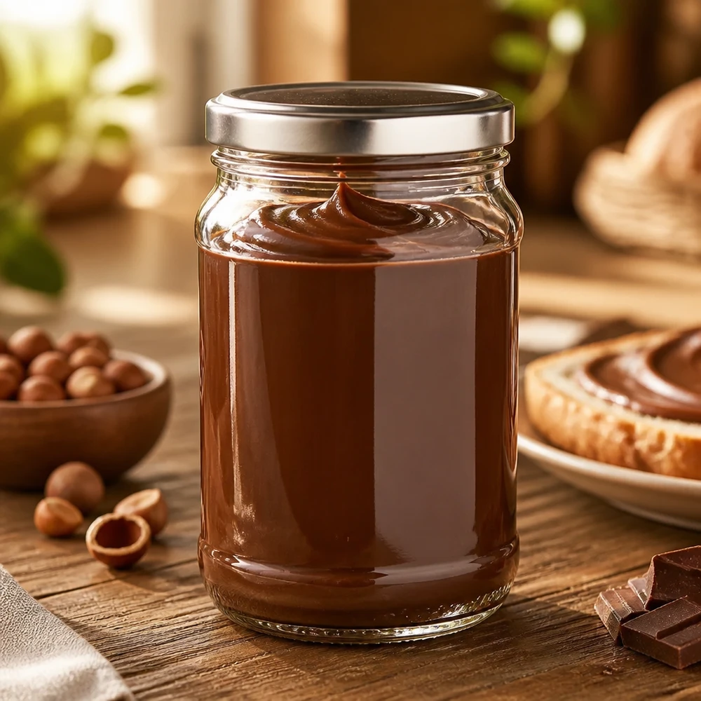 Crema de avellanas y chocolate en un frasco redondo de cristal de 370 ml con tapa BasicSeal plateada y avellanas sobre una mesa de madera
