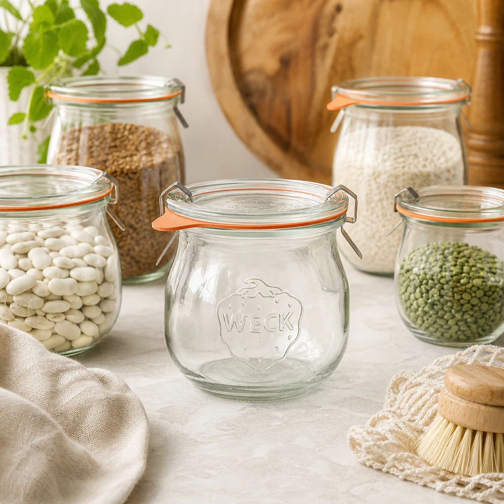 Tarro tulipán 75ml completo WECK RR40 WECK tarro tulipán 75ml RR40 en un ambiente de cocina natural entre tarros de almacenaje con legumbres y cereales