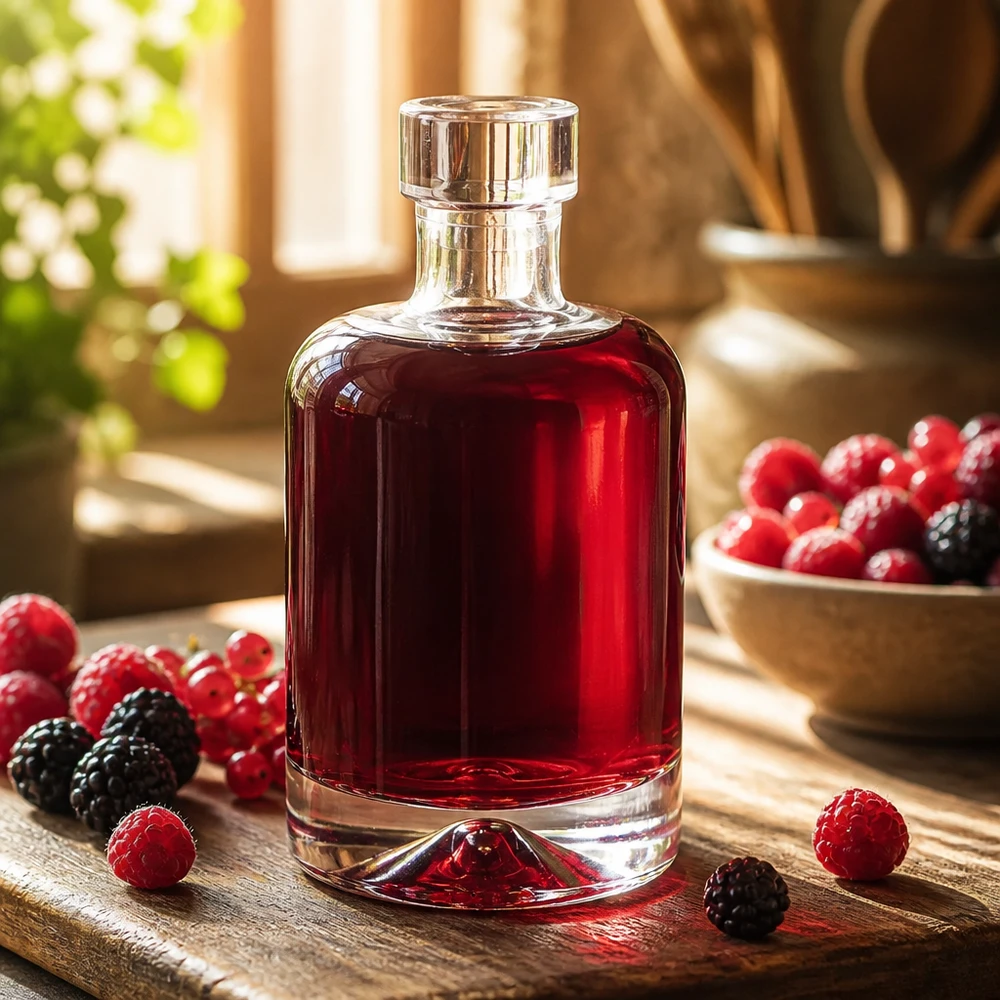 Botella de cristal de 50 ml Amelie llena de licor de bayas rojas rodeado de frambuesas y moras frescas muestra finos espíritus