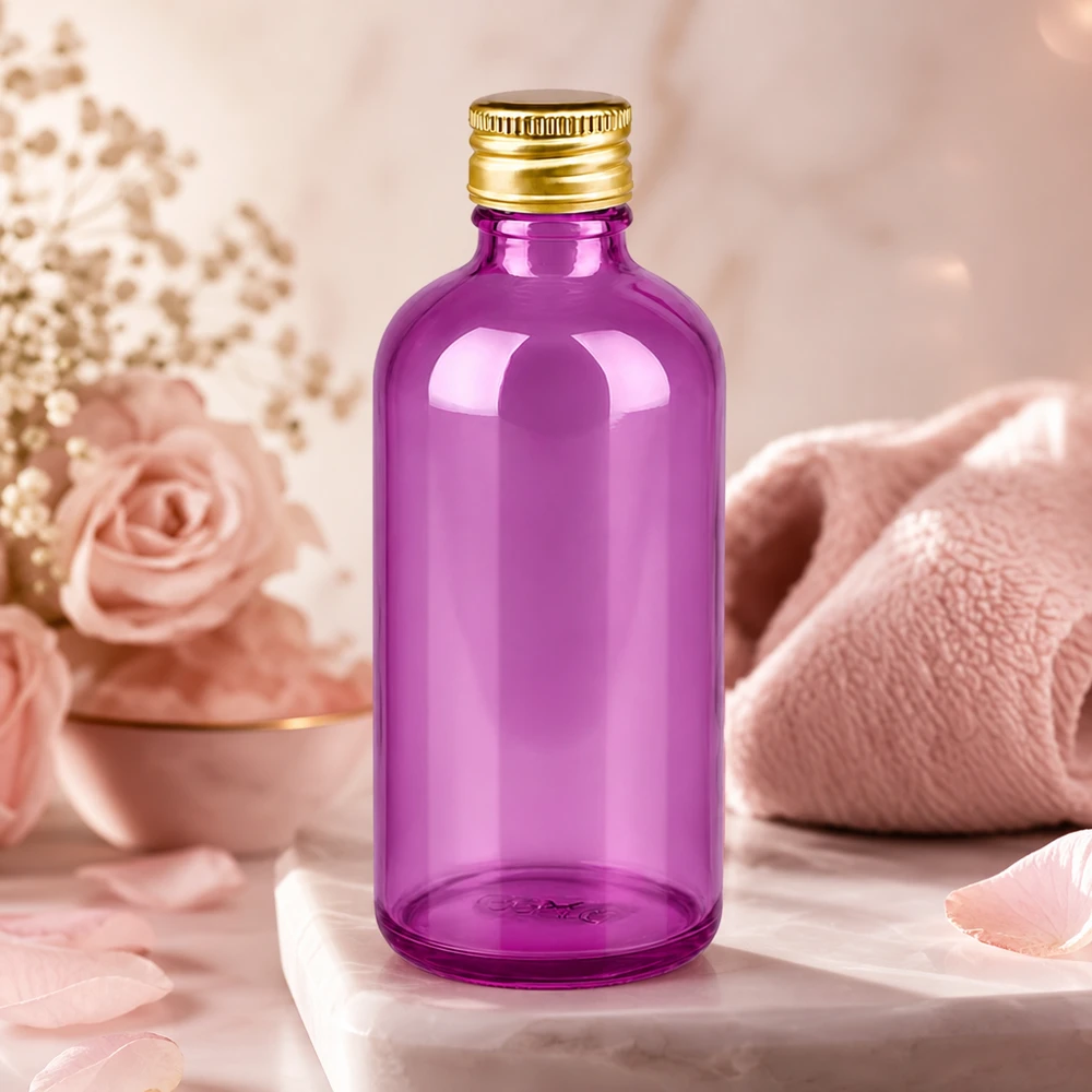 Frasco de farmacia compacto de 100 ml de vidrio violeta con práctica rosca de 18 mm