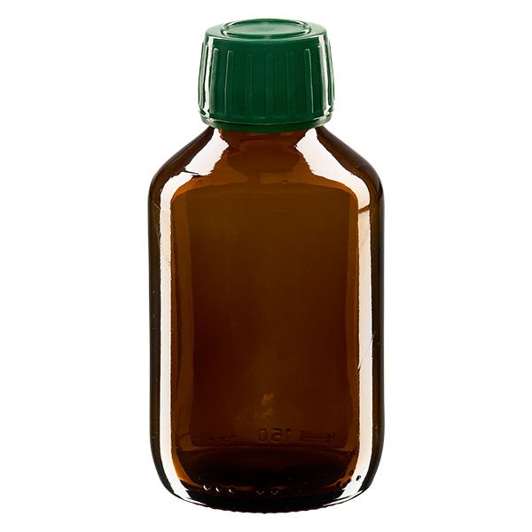 Frasco medicamento 150ml marrón, tapón verde con precinto de seguridad ApoGlas Frasco medicamento 150ml marrón, tapón verde con precinto de seguridad ApoGlas