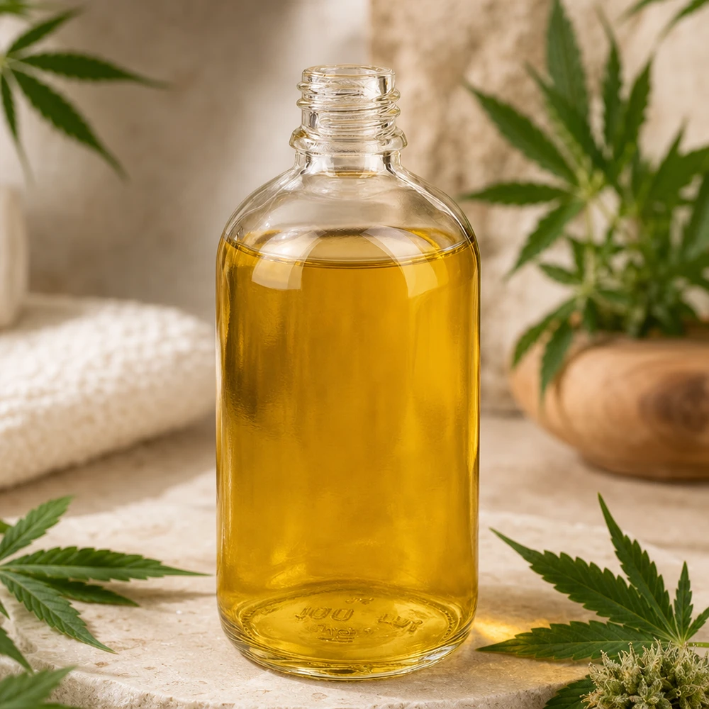 Botella de farmacia de 100ml ClearLine UT18/100 UNiTWIST Frasco de farmacia ClearLine de 100 ml lleno de aceite de CBD, rodeado de hojas de cannabis UNiTWIST DIN18