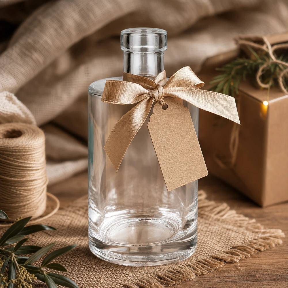 Botella de vidrio de 350 ml «Marie» sin tapón UNiTWIST® Botella de cristal 350ml Marie con lazo dorado y etiqueta de regalo Embalaje rústico para regalo Imagen 10 de 10