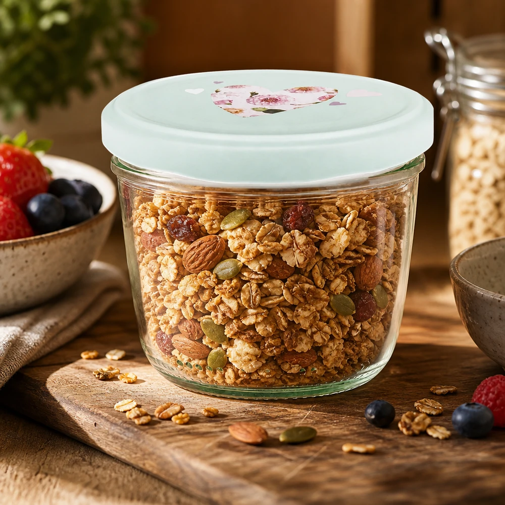 Granola y muesli en vasos de 230 ml con tapa BasicSeal corazón menta, almacenamiento hermético para cereales de desayuno