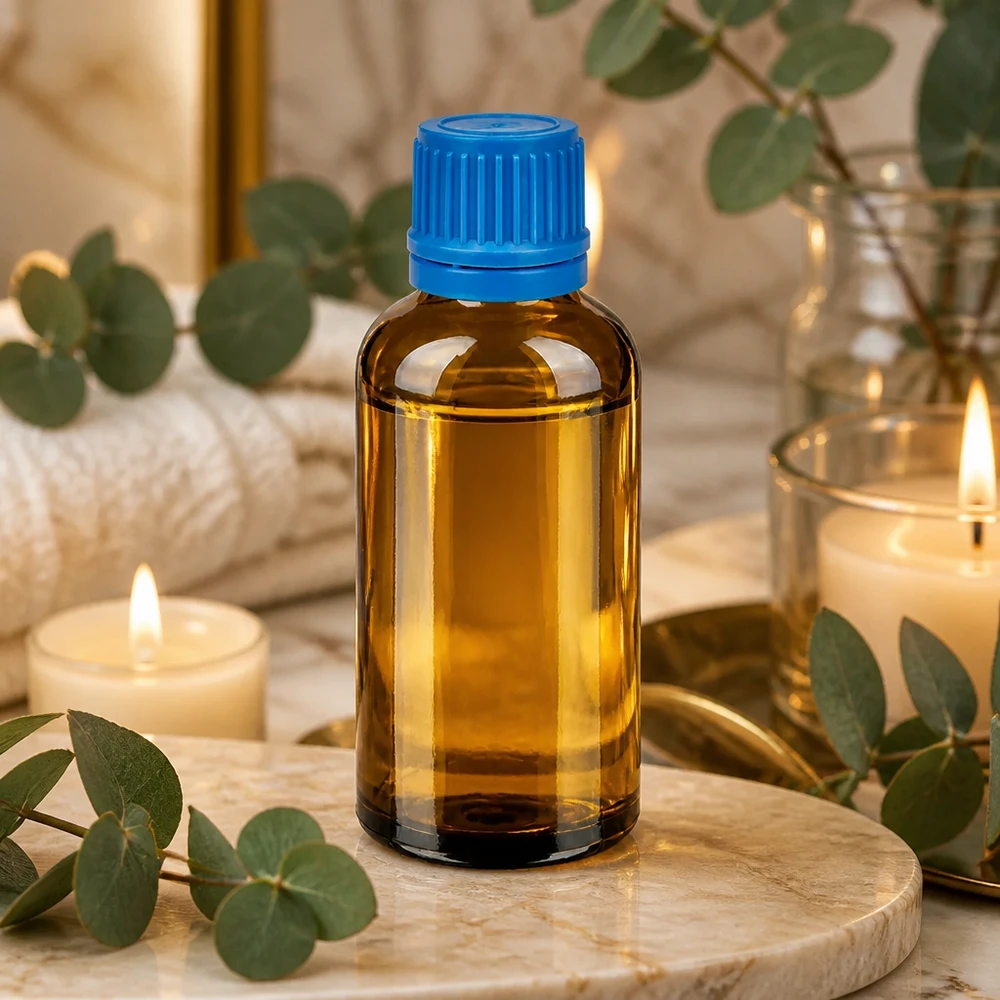 Frasco boticario pequeño de 50 ml de vidrio marrón con práctico tapón azul para aceites esenciales