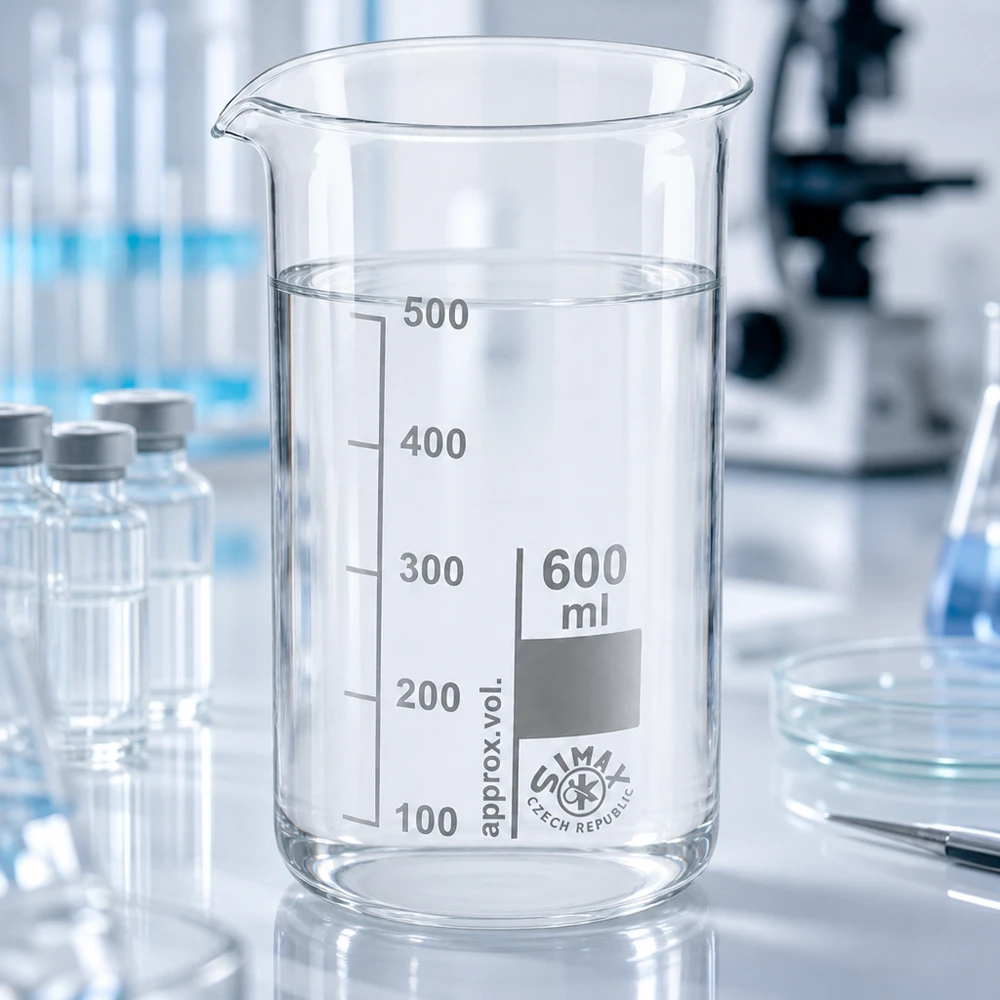 Vaso de precipitados vacío de 600 ml, de forma alta, fabricado en vidrio borosilicato transparente, con graduación, sobre la mesa de laboratorio