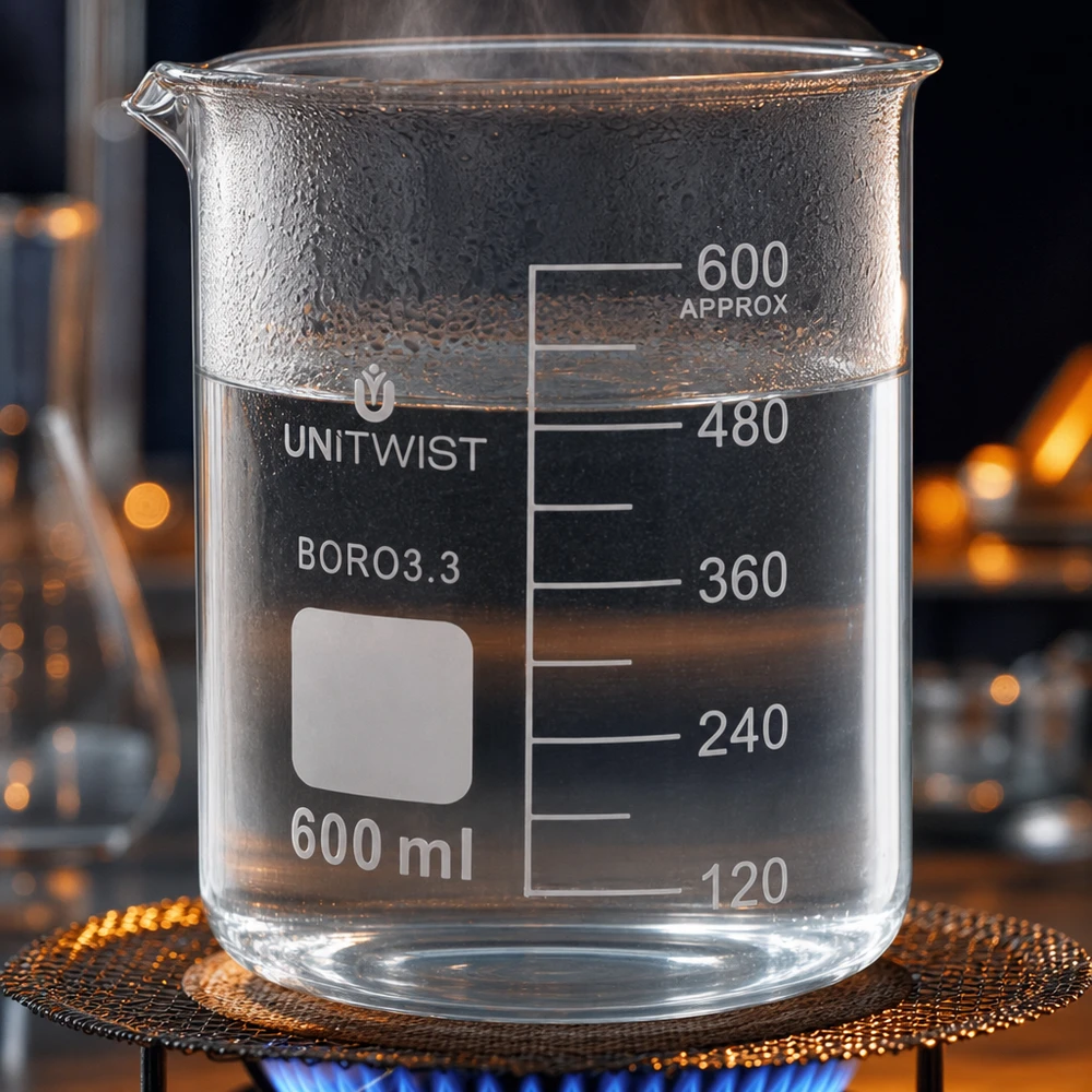 Vaso de precipitados de 600 ml calentado sobre un mechero de gas con agua hirviendo y vapor, de borosilicato UNiTWIST