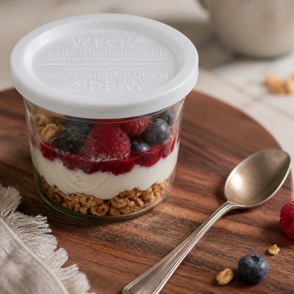 Tapa de conservación WECK RR120 WECK keep-fresh tapa RR120 en postre yogur-frambuesa en tarro con cuchara sobre tabla de madera Accesorios de cocina