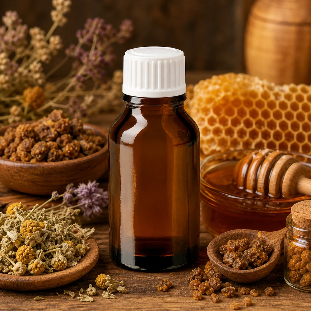 Frasco de farmacia de cristal marrón de 30 ml con tapón blanco, rodeado de propóleo, panal de miel y hierbas