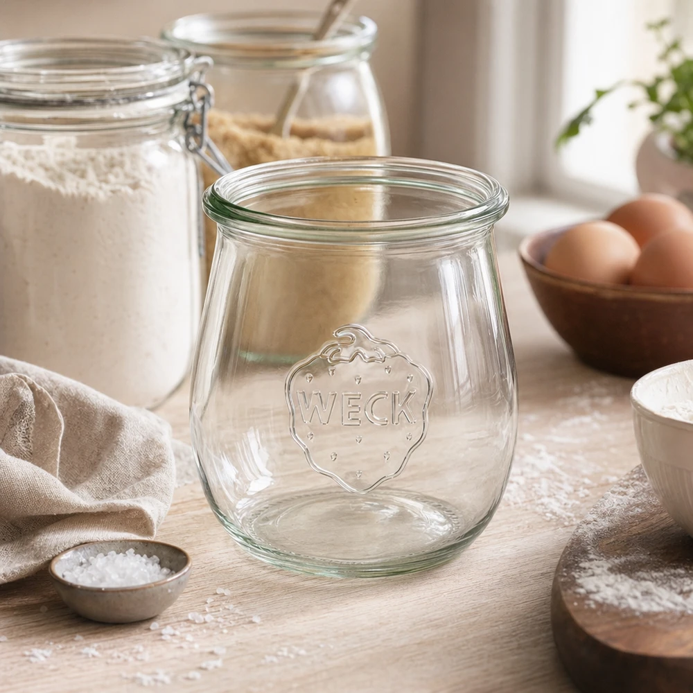 Tarro tulipa 220ml WECK RR60 WECK tarro tulipán 220ml RR60 transparente vacío en escena de cocina con harina, huevos e ingredientes de repostería sobre mesa de madera