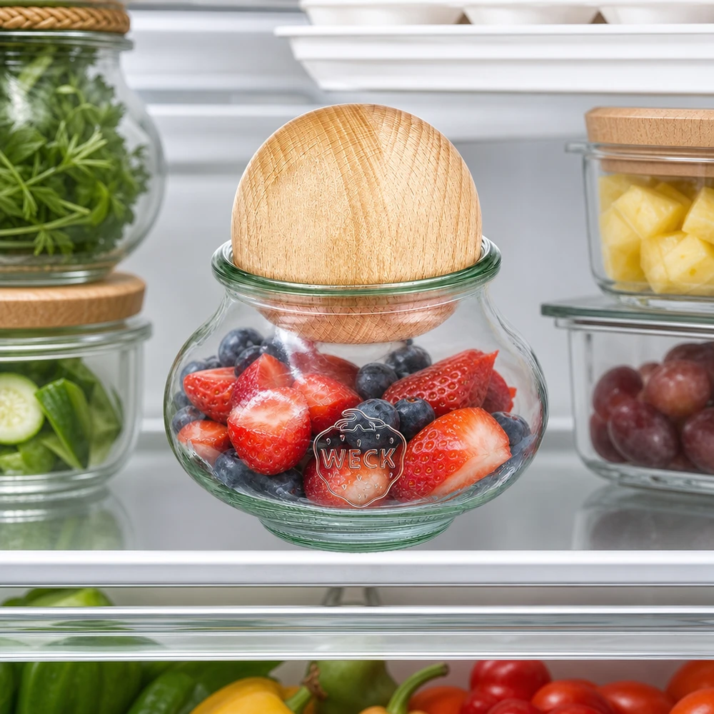 Tarro para delicatessen de 560ml WECK RR80 con bola de madera de haya WECK joyería tarro 560ml RR80 Refrigerador almacenamiento bayas fruta bola de madera haya frescura conservación frigorífico organización