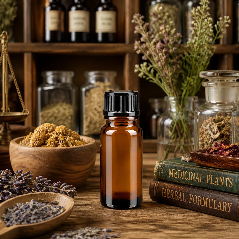 Frasco de vidrio ámbar de 10 ml con tapón cuentagotas negro, entre libros de hierbas y plantas medicinales secas