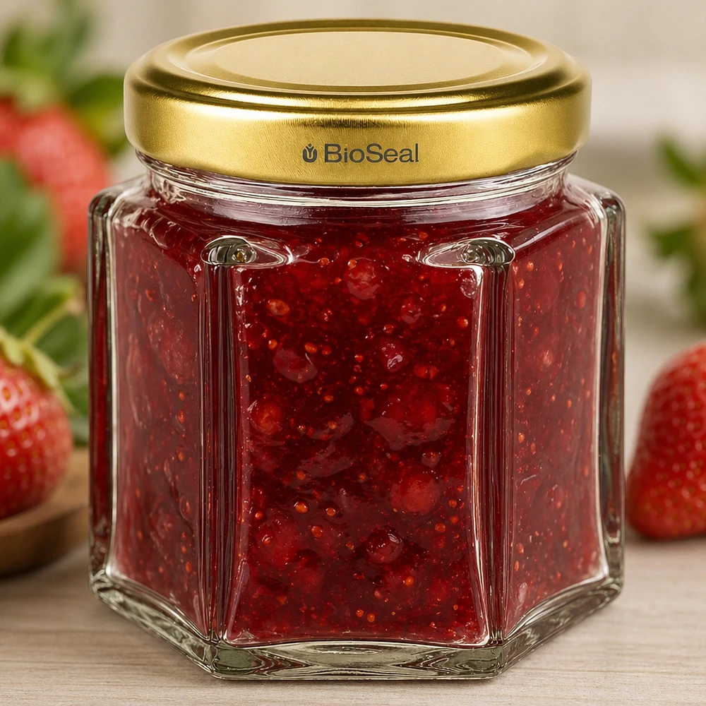 Tarro de miel BioSeal 60g hexagonal relleno de mermelada de fresa y tapón de rosca dorado estilo cocina