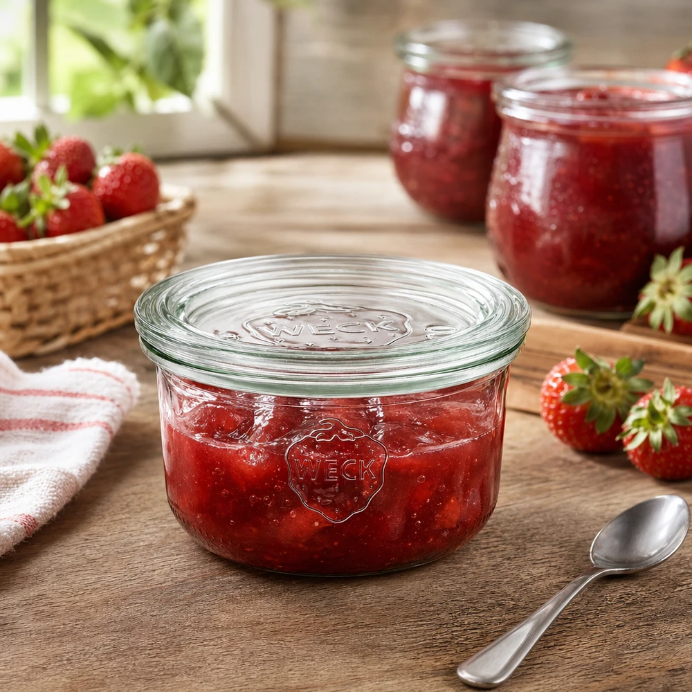 Vasos de 165ml con tapa de cristal WECK RR80 Tarro WECK 165ml RR80 lleno de mermelada de fresa sobre una mesa de madera con fresas frescas y cuchara