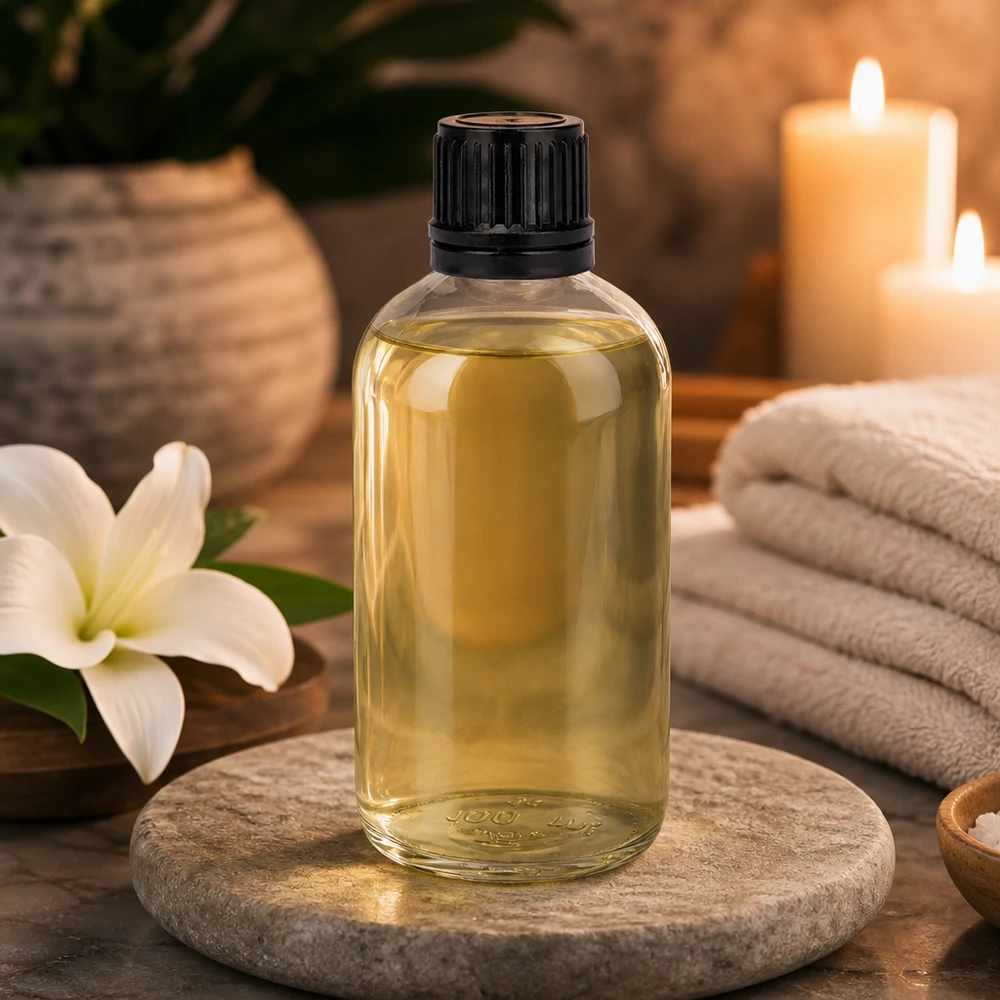 Frasco cilíndrico de cristal transparente de 100 ml sobre una piedra natural con un lirio blanco y velas en el spa