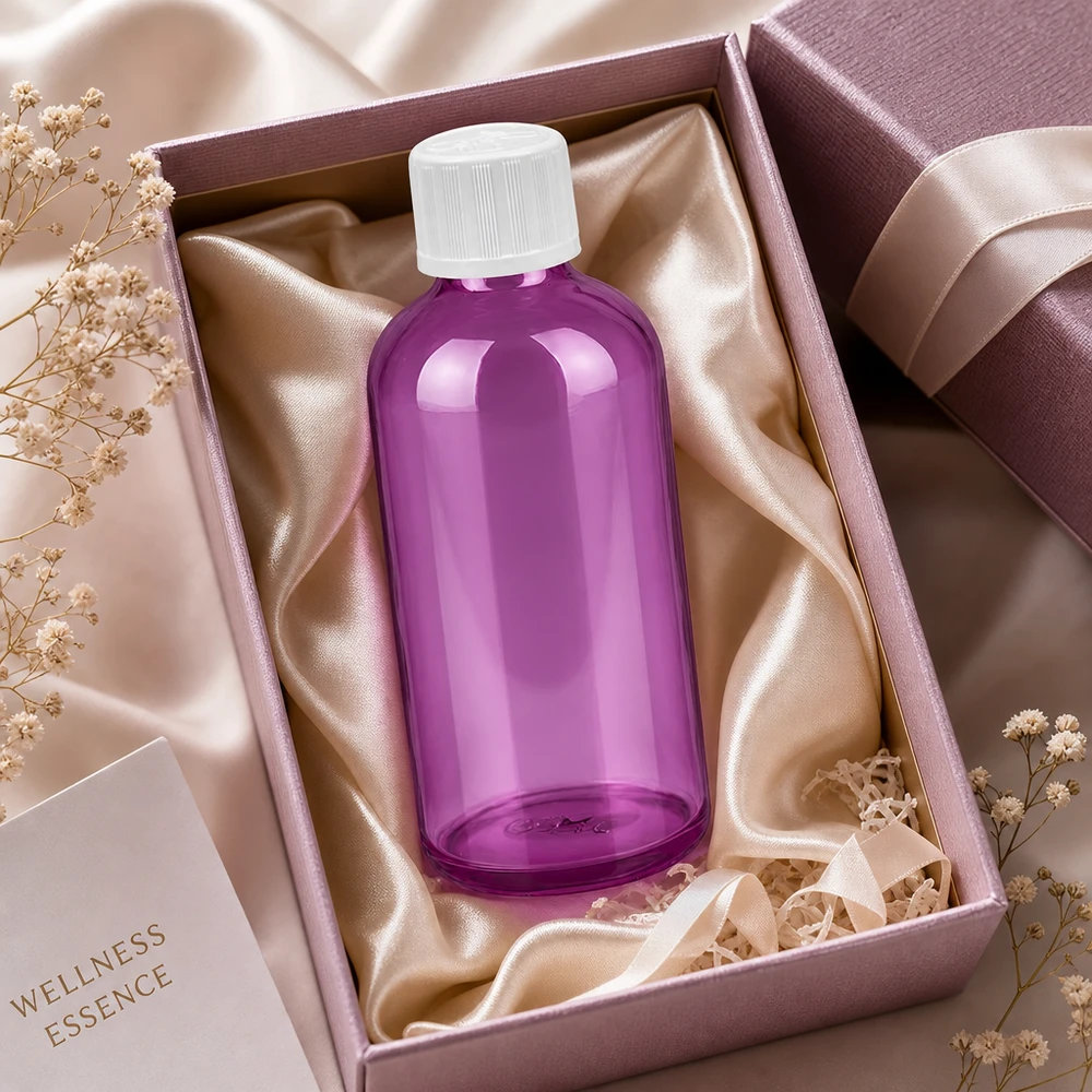 Frasco cuentagotas de 100 ml 1,2 mm blanco estándar a prueba de niños PurpleLine. UT18/100 Botella de cristal morado de 100 ml en lujoso envase de regalo con forro de satén y lazo
