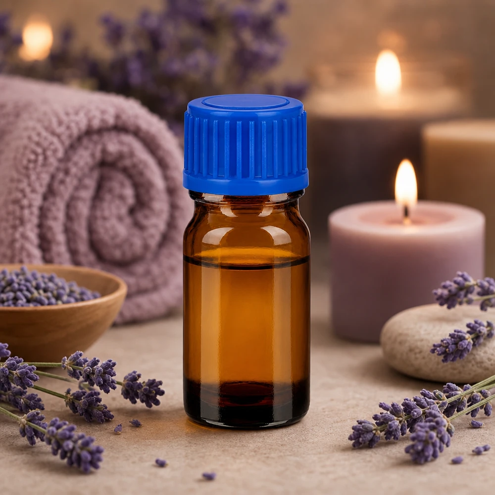 Frasco de vidrio marrón de 5 ml BrownLine para aplicaciones de aromaterapia y bienestar con tapón azul