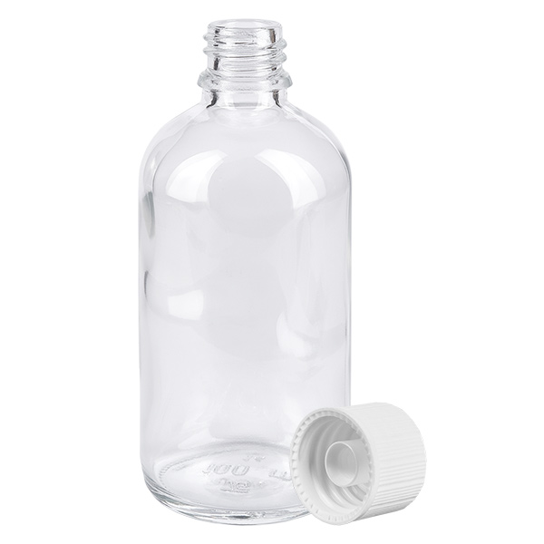 Botella de 100 ml con tapón de rosca de 11 mm blanco ClearLine estándar UT18/100 Frasco de farmacia abierto de 100 ml, de cristal transparente, con tapón de seguridad blanco de 11 mm
