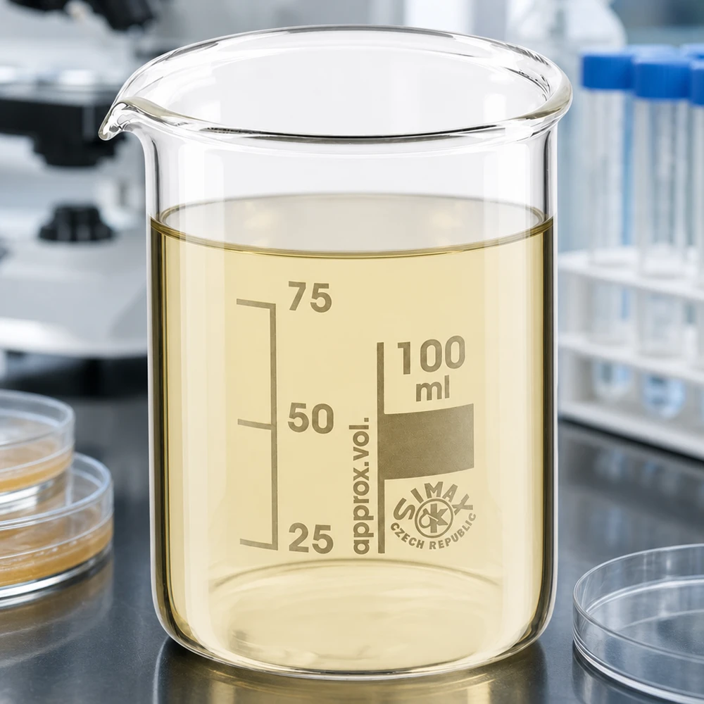 Vaso de precipitados 100ml de vidrio de borosilicato, forma baja Vaso transparente de 100 ml de vidrio de borosilicato con líquido amarillo y graduación precisa
