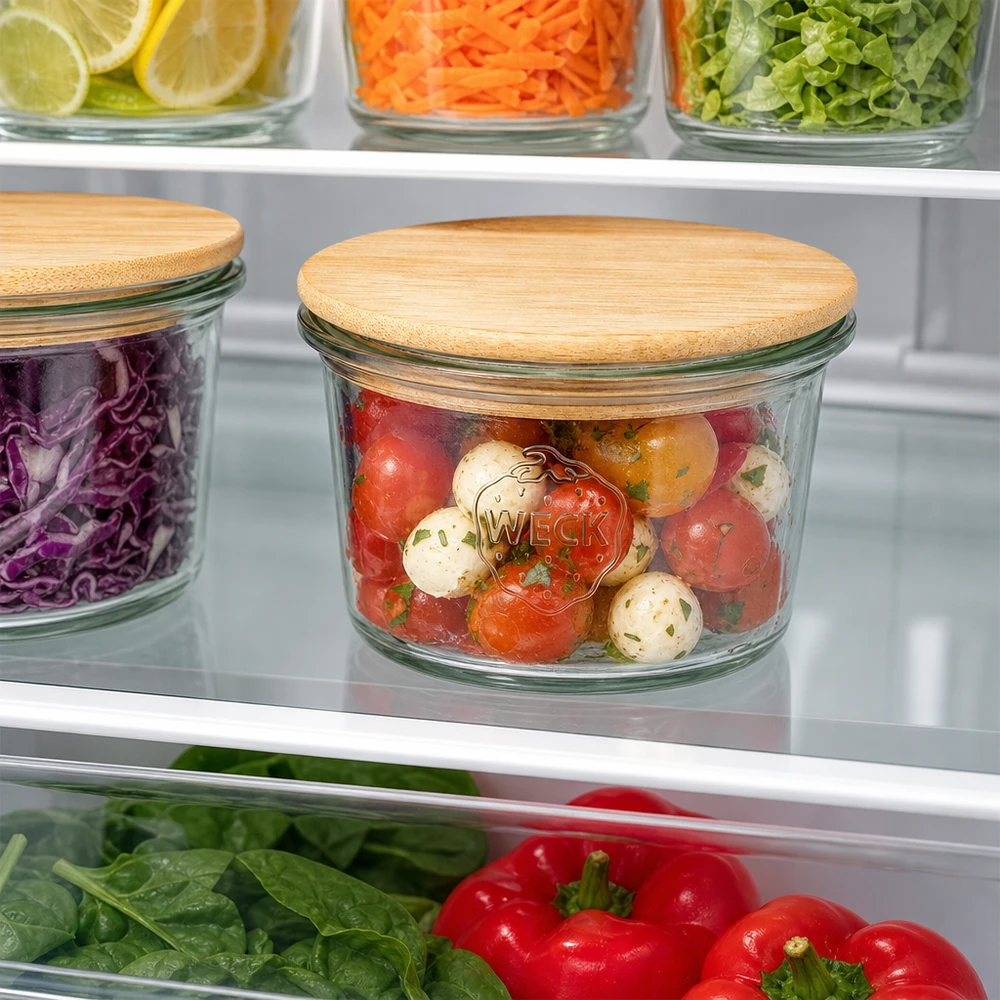 Tarro mini WECK RR40 de 35 ml con tapa de madera WECK Mini Sturzglas 35ml mit Bambus Holzdeckel zur Aufbewahrung von Tomaten und Mozzarella im Kühlschrank organisiert