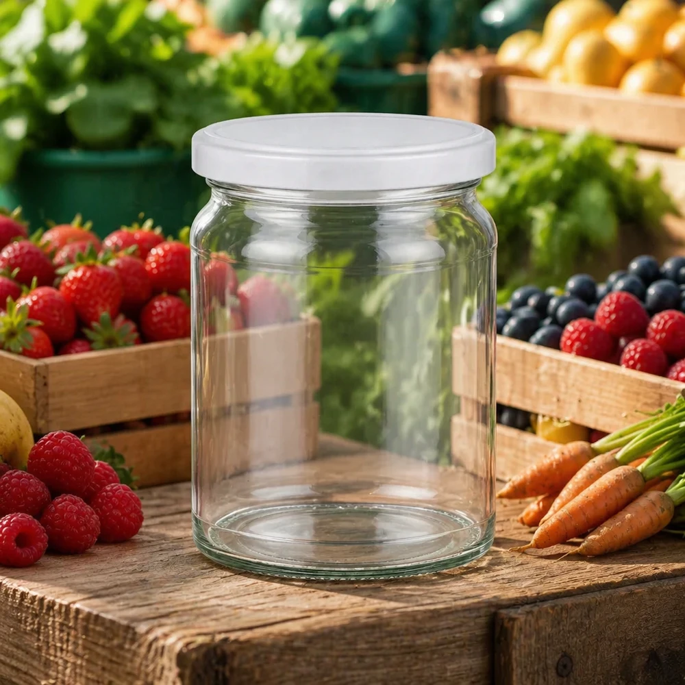 Tarro redondo de 205 ml UNiTWIST sobre mesa de madera con frutas y verduras frescas - ideal para mermeladas y conservas