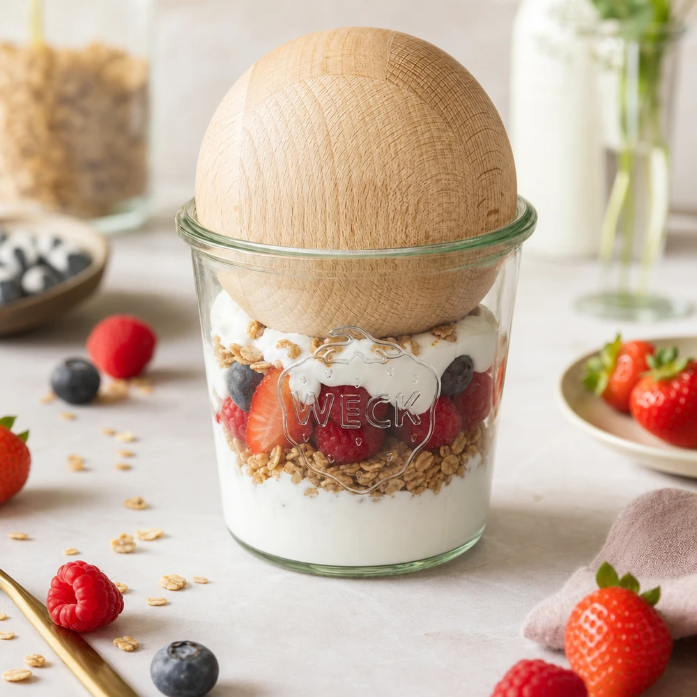 WECK RR100 580ml mason jar con bola de madera de haya como bol de cereales con yogur bayas y granola en la encimera de la cocina