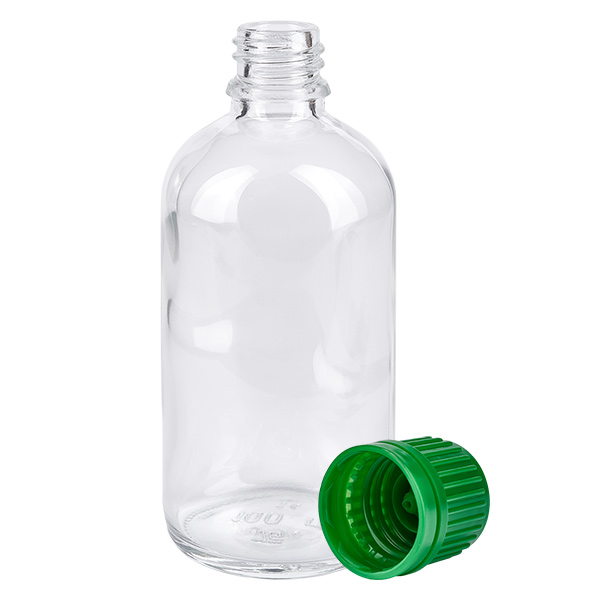 Botella 100ml tapón rosca 11mm verde ClearLine UT18/100 Botella de cristal transparente ClearLine vacía de 100 ml, sin el tapón de rosca verde original de 11 mm