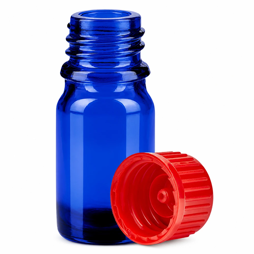 Pequeño frasco de laboratorio de 5 ml de vidrio azul con tapón rojo estándar de 11 mm para una dosificación precisa