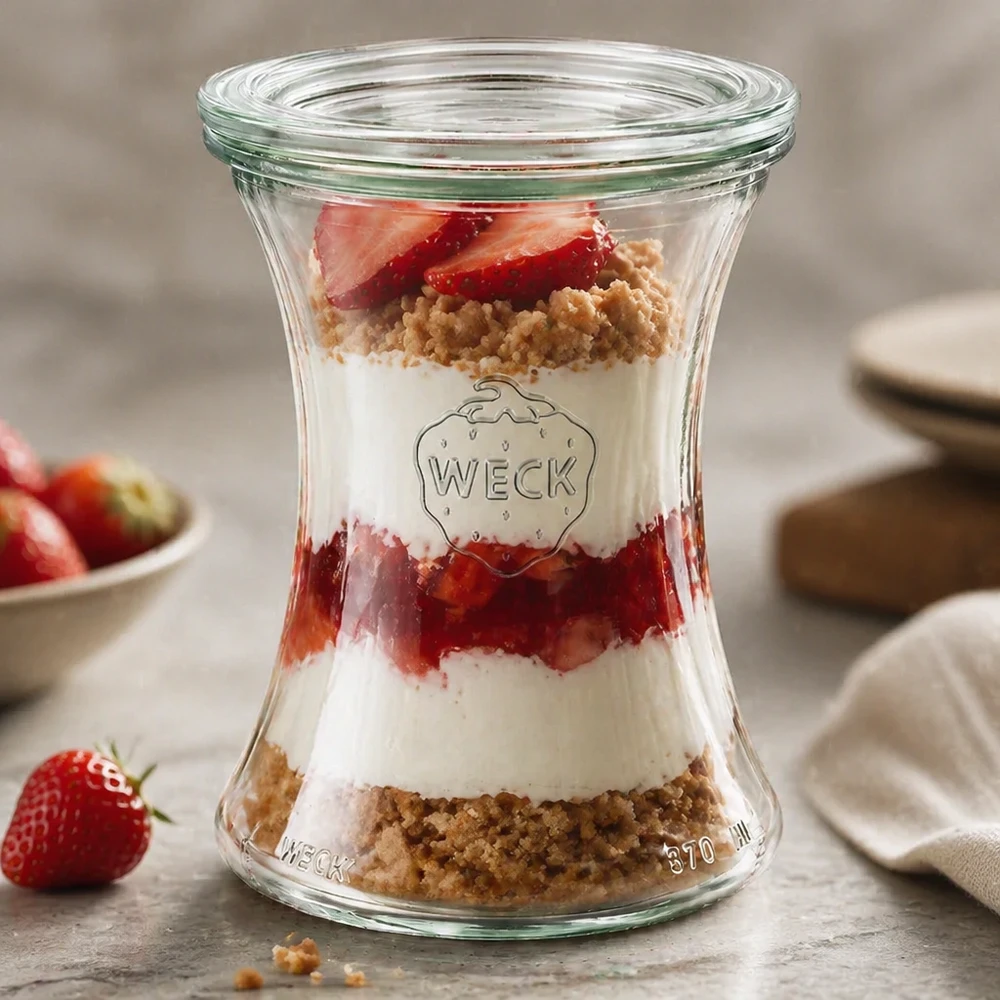 WECK tarro delicatessen 370ml RR80 como tarro de postre con fresas y virutas muestra un elegante aspecto en capas