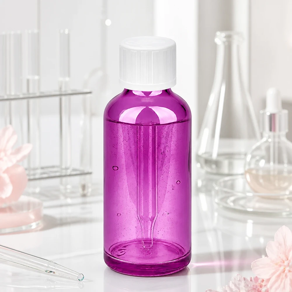 Frasco cuentagotas de plástico de 50 ml de color violeta transparente con tapón blanco para una dosificación precisa