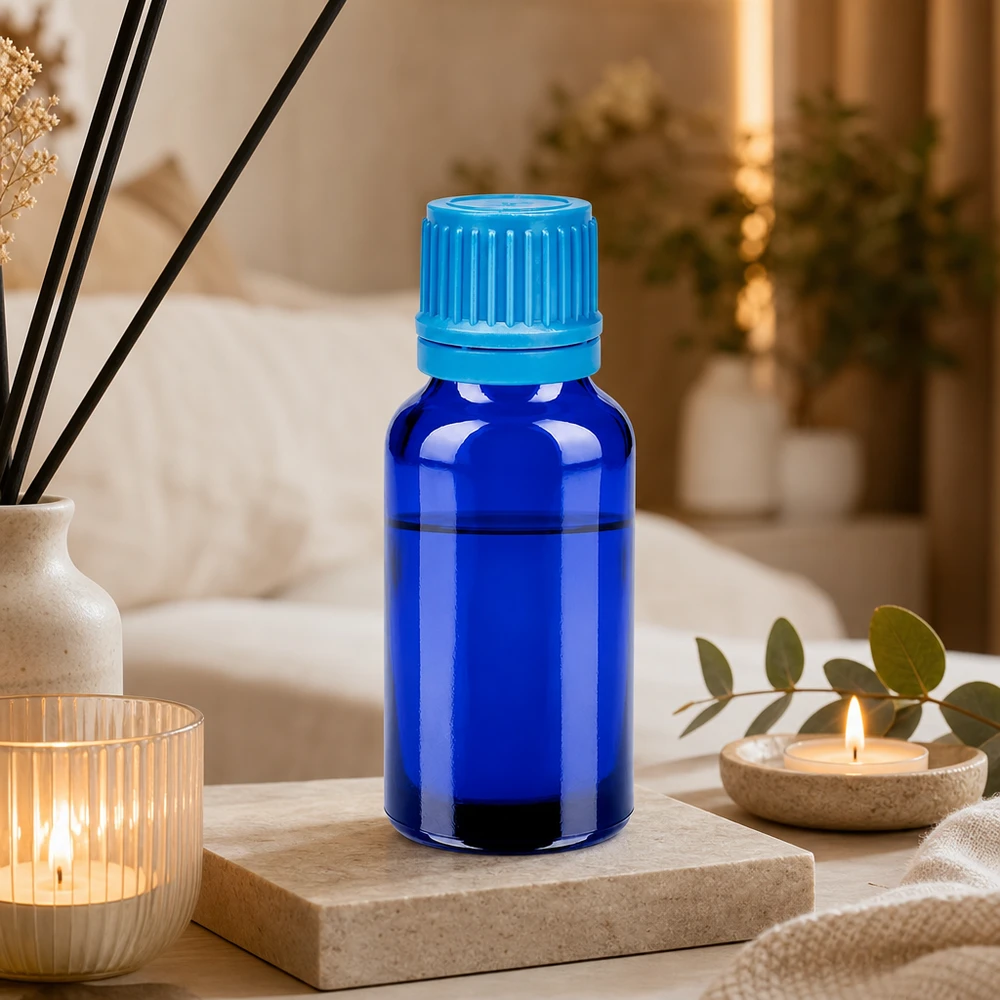 Frasco profesional BlueLine de 20 ml con tapón turquesa a prueba de manipulaciones para un almacenamiento seguro