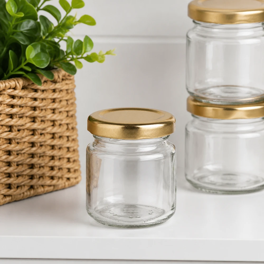 Tarro redondo de 53ml con tapa BasicSeal dorada UNiTWIST Tarro redondo de 53 ml UNiTWIST vacío con tapa dorada BasicSeal en ambiente moderno con planta
