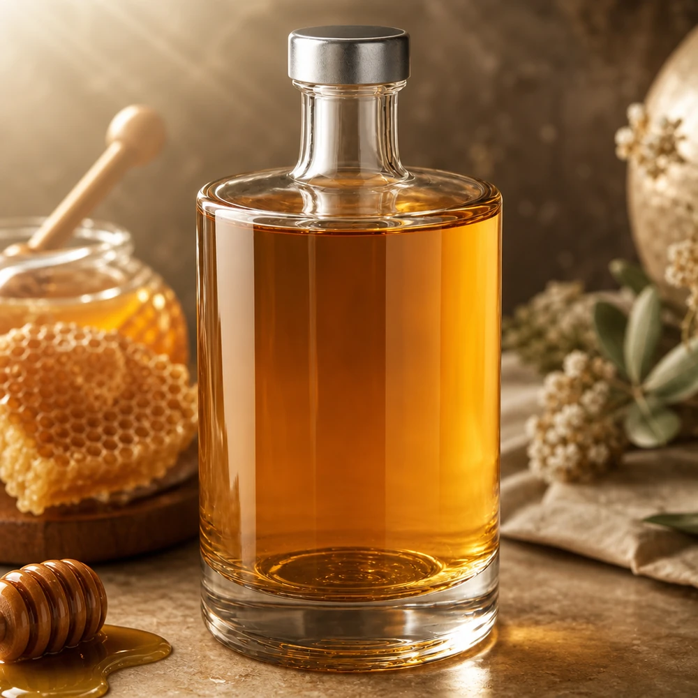 Botella de vidrio de 500 ml «Sam» y tapón de rosca plateado UNiTWIST® Botella de cristal de 500ml Sam llena de miel junto a panal y cuchara de miel decoración de cocina rústica Aplicación ejemplo