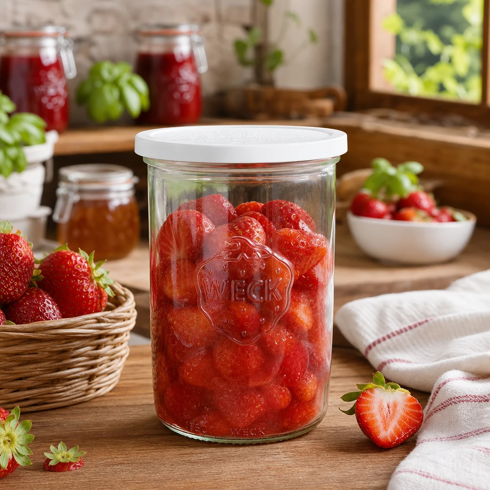 Vasos de 1000ml con tapa de frescor WECK RR100 Tarro de conserva WECK 1000ml RR100 con fresas en escabeche en cocina rústica con fruta fresca
