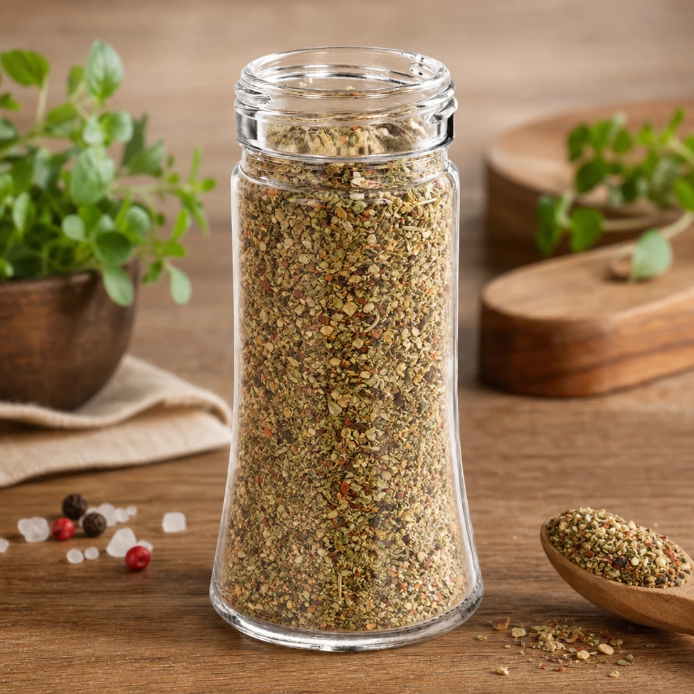 Tarro de sal/especias Bobby 95ml, rosca 41mm cristal transparente. Frasco para especias «Bobby» de 95 ml, lleno de una mezcla de hierbas con orégano, junto a plantas aromáticas frescas